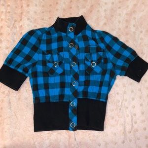 y2k blue and black checkered cropped top/cardigan